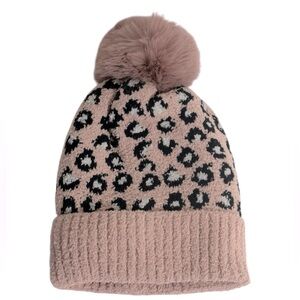 New Pink Leopard Animal Pattern Faux Fur Pom Pom Fleeced Lined Soft Beanie.